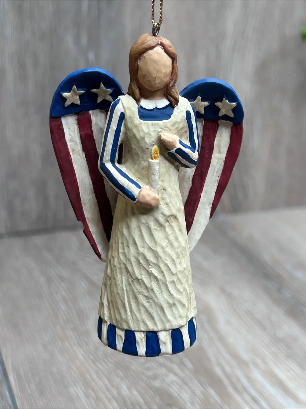 Patriotic Americana Angel Ornament American Flag Wings Faux Wood Carved 4